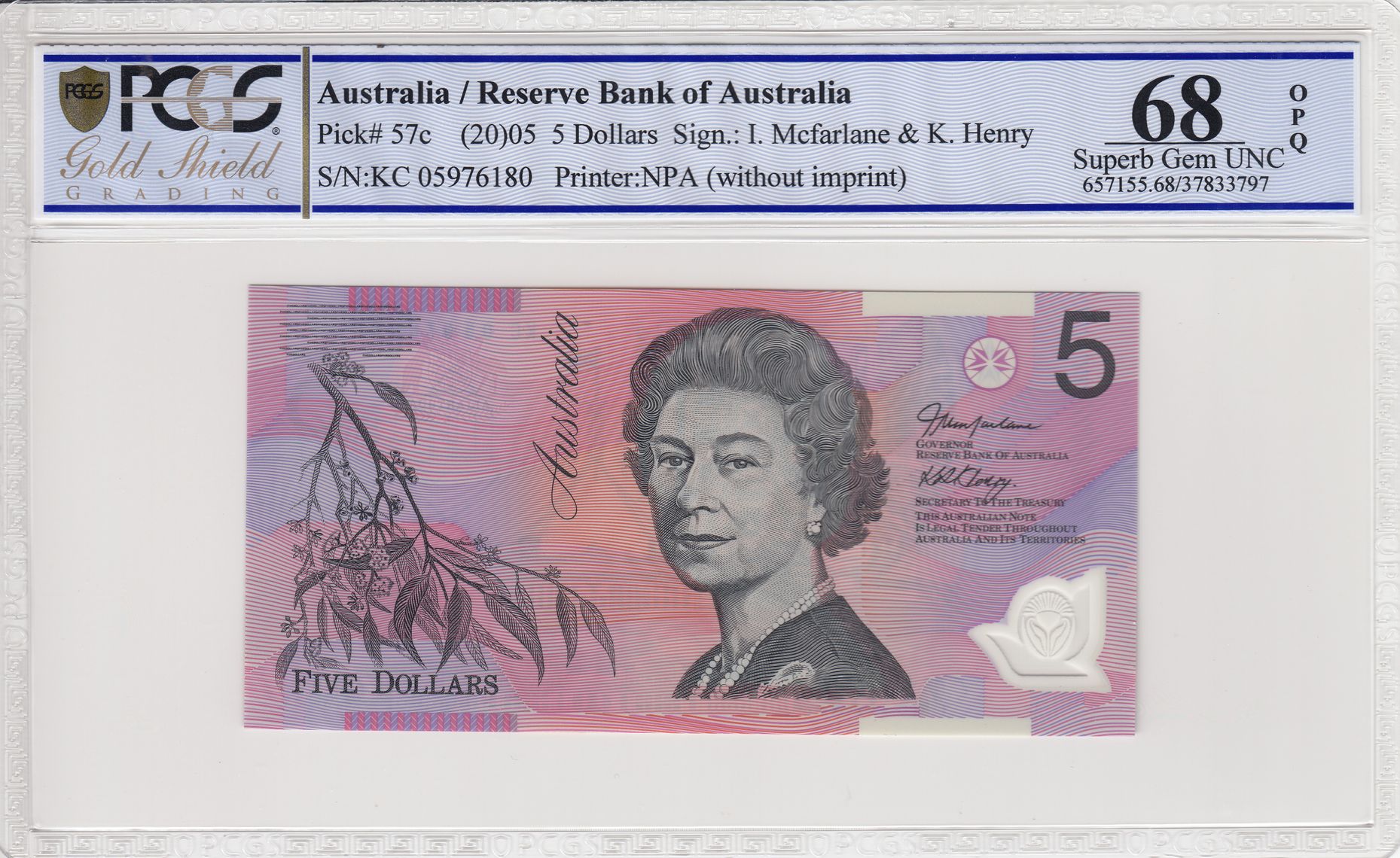 Macfarlane/ Henry, Five Dollar, 2005, PCGS Superb Gem UNC 67 PPQ