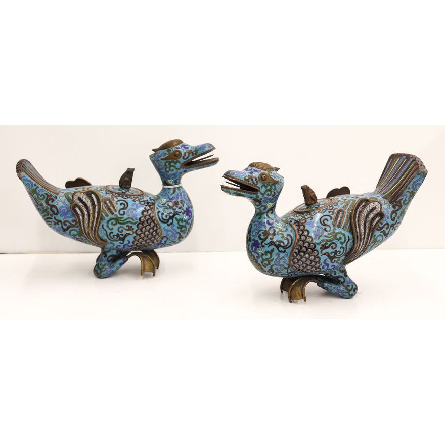 Pair Chinese Cloisonne Archaic Duck Vessels