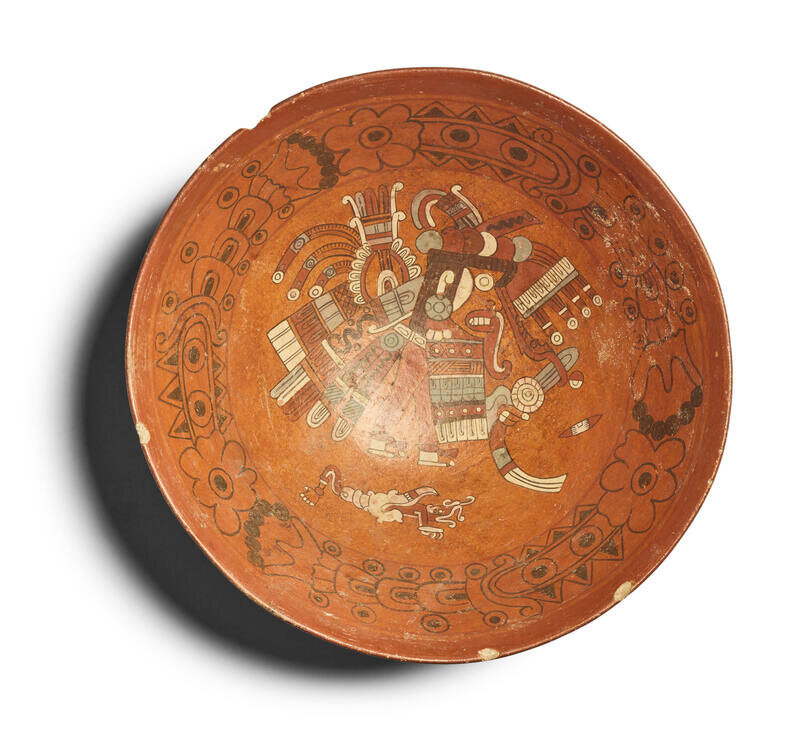 A Maya Polychrome Terracotta Bowl with Gods and Glyphs
