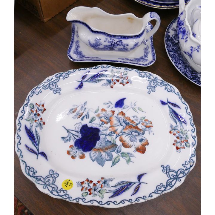 2pc Flow Blue Platter and Indian Tree Gravy- largest 13''