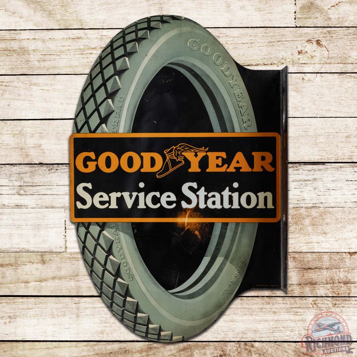 Goodyear Service Station Die Cut Double Sided Tin Flange Sign w/ Tire