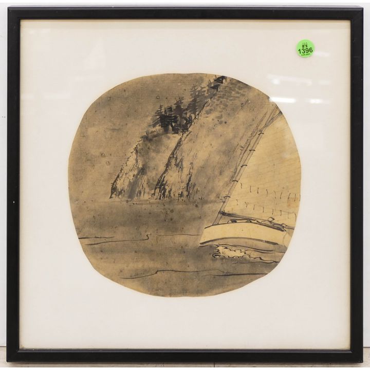 Ralph Aeschliman 'Sailboat and Cliffs' Ink Fan Painting Framed- 15x15''