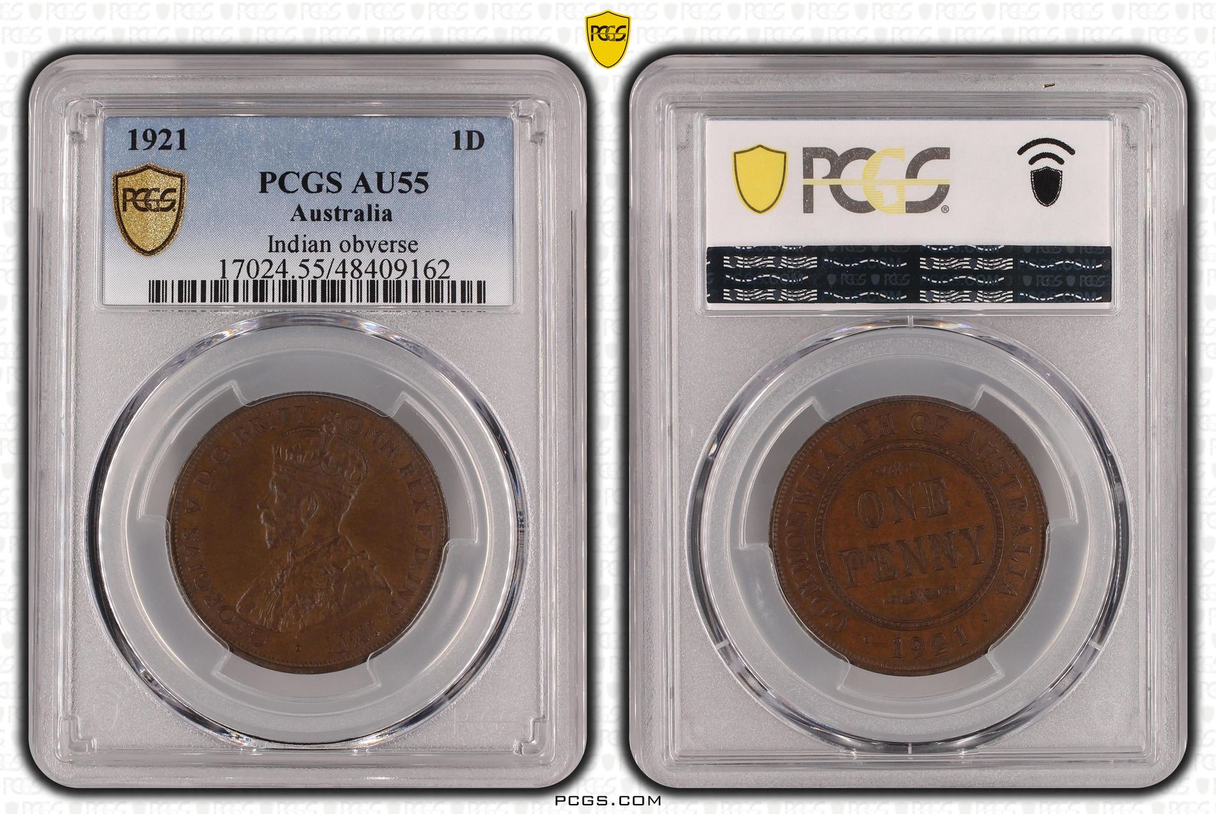 George V, Indian obverse, Penny, 1921, PCGS AU55BN
