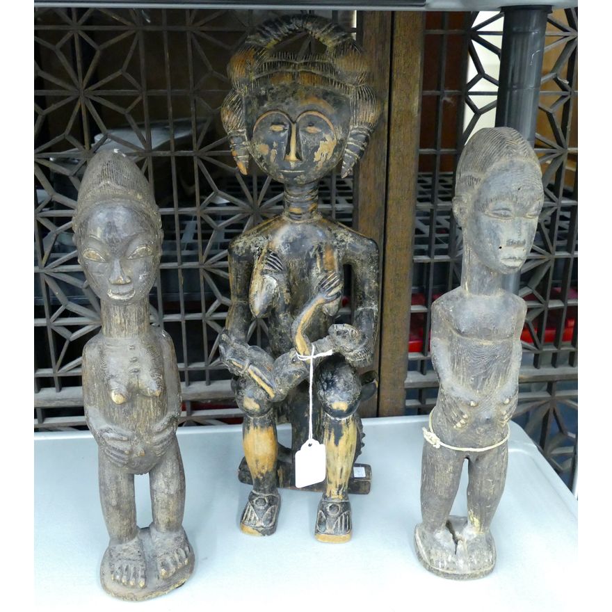 3pc Old Baule African Wood Fertility Figures 14'' to 17''