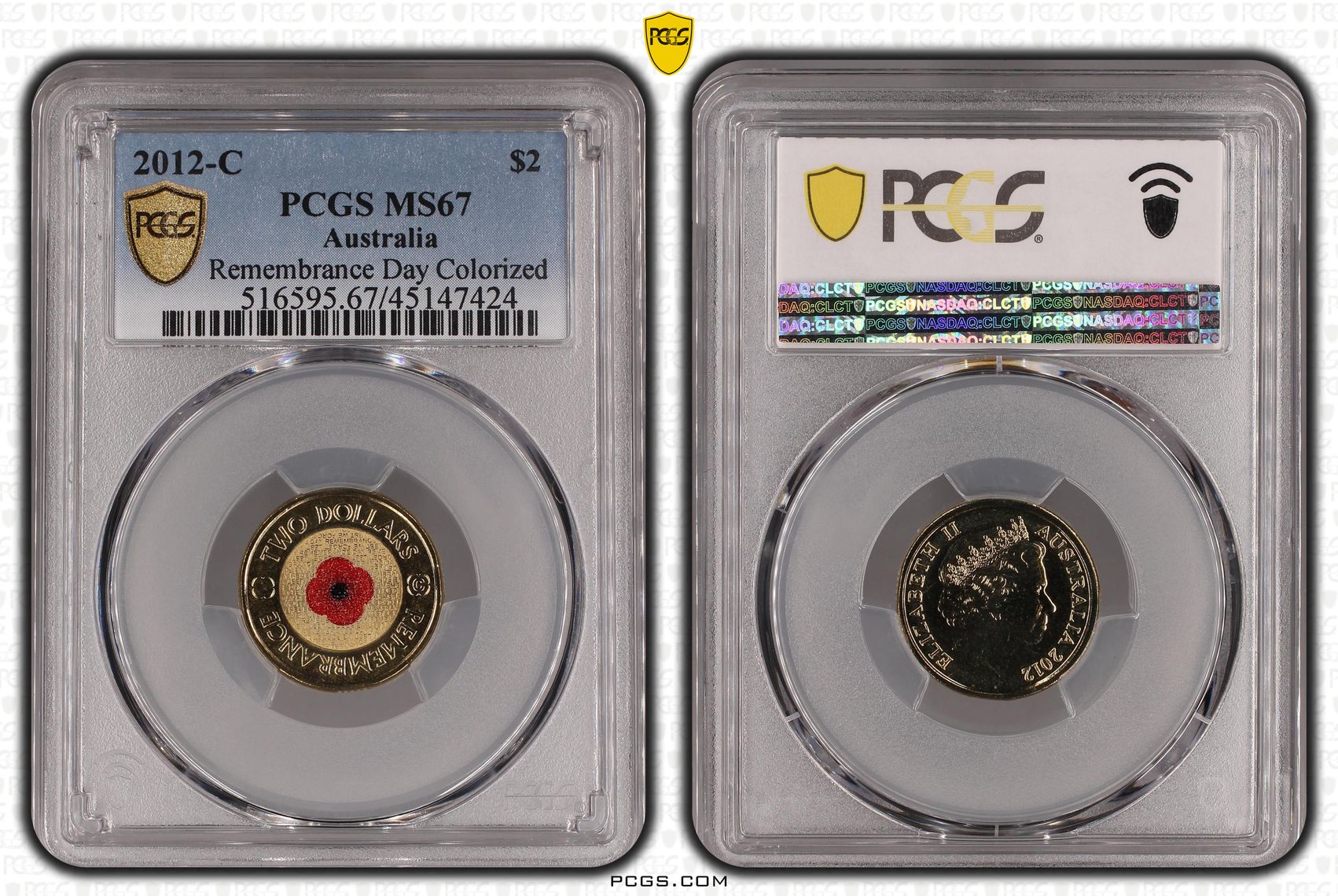 Elizabeth II, Remembrance Day Red Poppy, Two Dollar, 2012, PCGS MS 67
