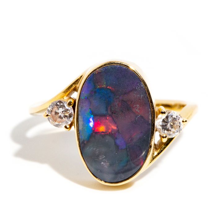 Black Opal Doublet & Diamond Ring