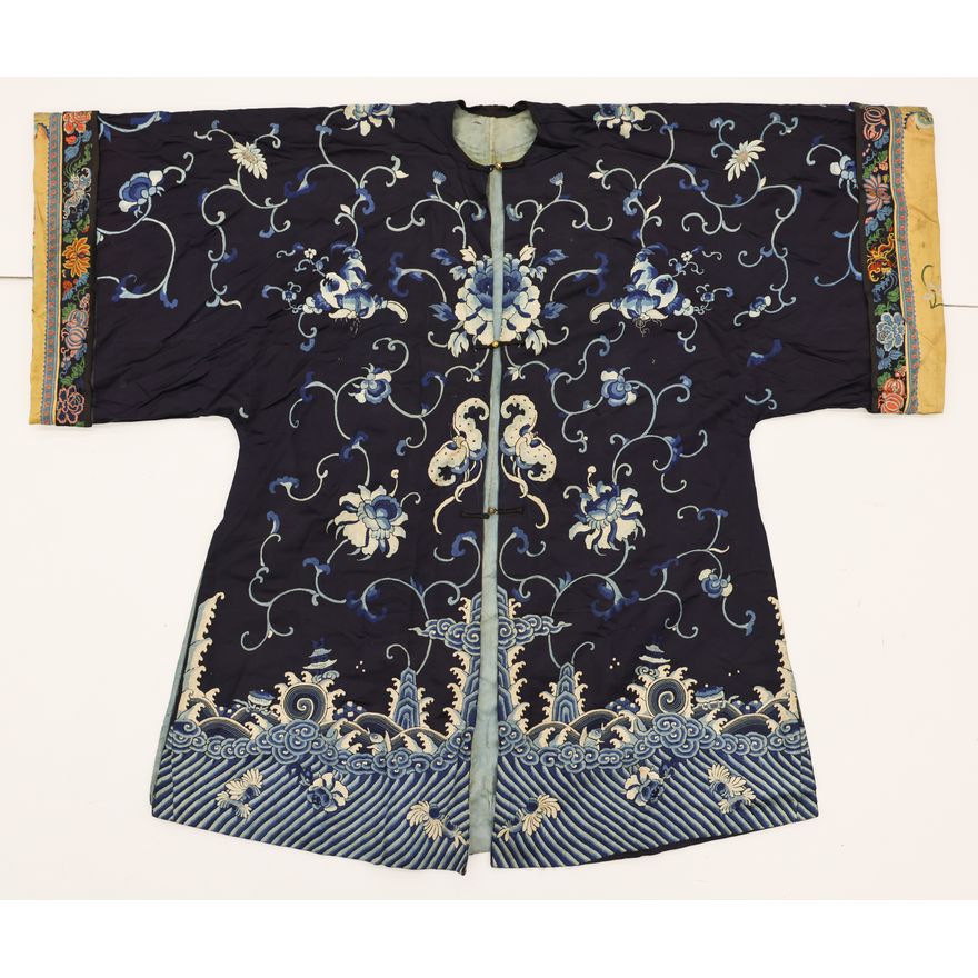 Chinese Cobalt Blue Silk Embroidered Robe