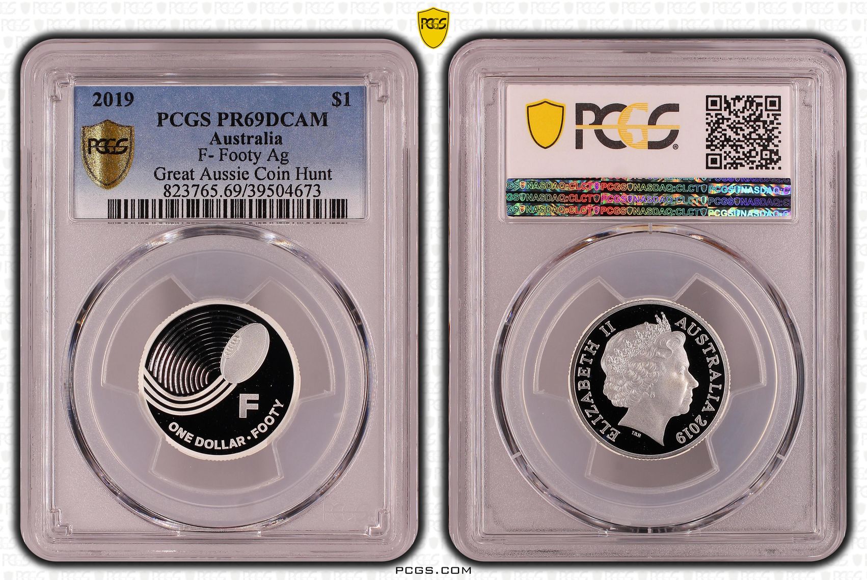 F- Footy Ag Great Aussie Coin Hunt, POP 3/0, One Dollar, 2019, PCGS PR69DCAM