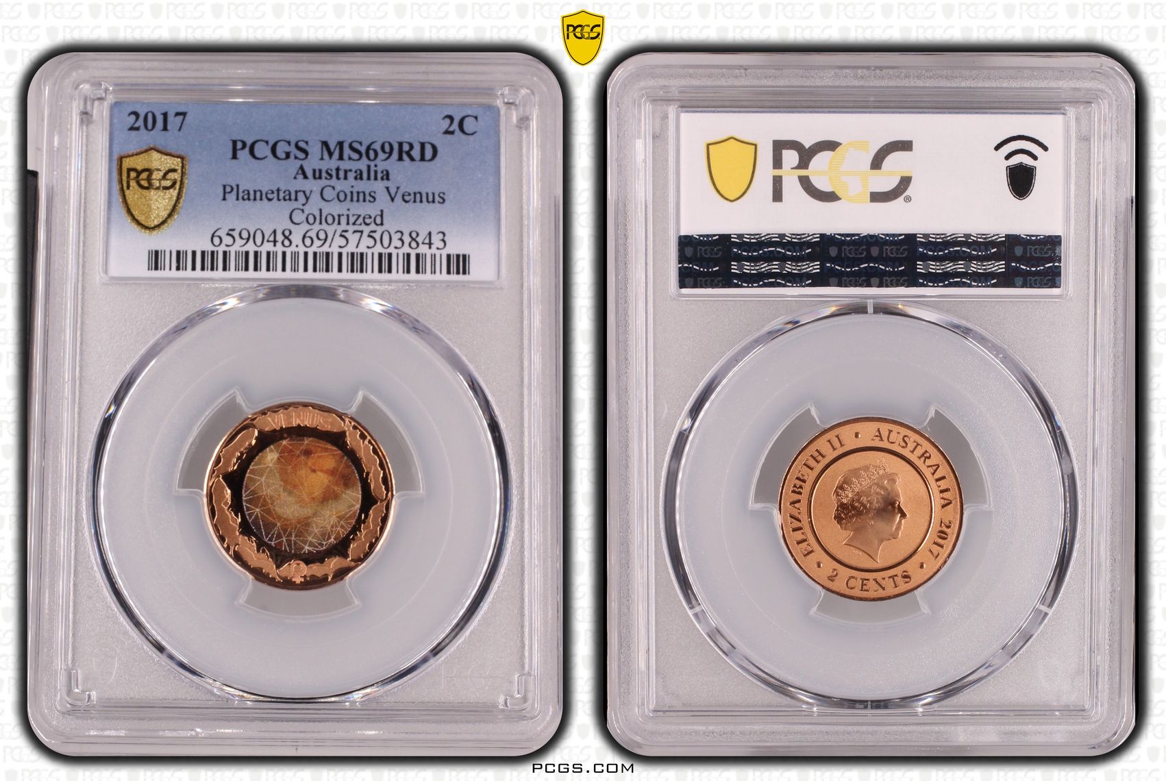 Planetary Coins Venus Colourised, Two Cent, 2017, PCGS MS69RD