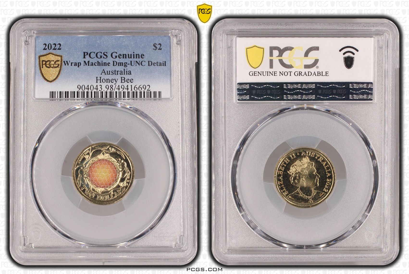 Elizabeth II, Honey Bee Colorized, Two Dollar, 2022, PCGS Genuine - UNC Details (98 - Damage)