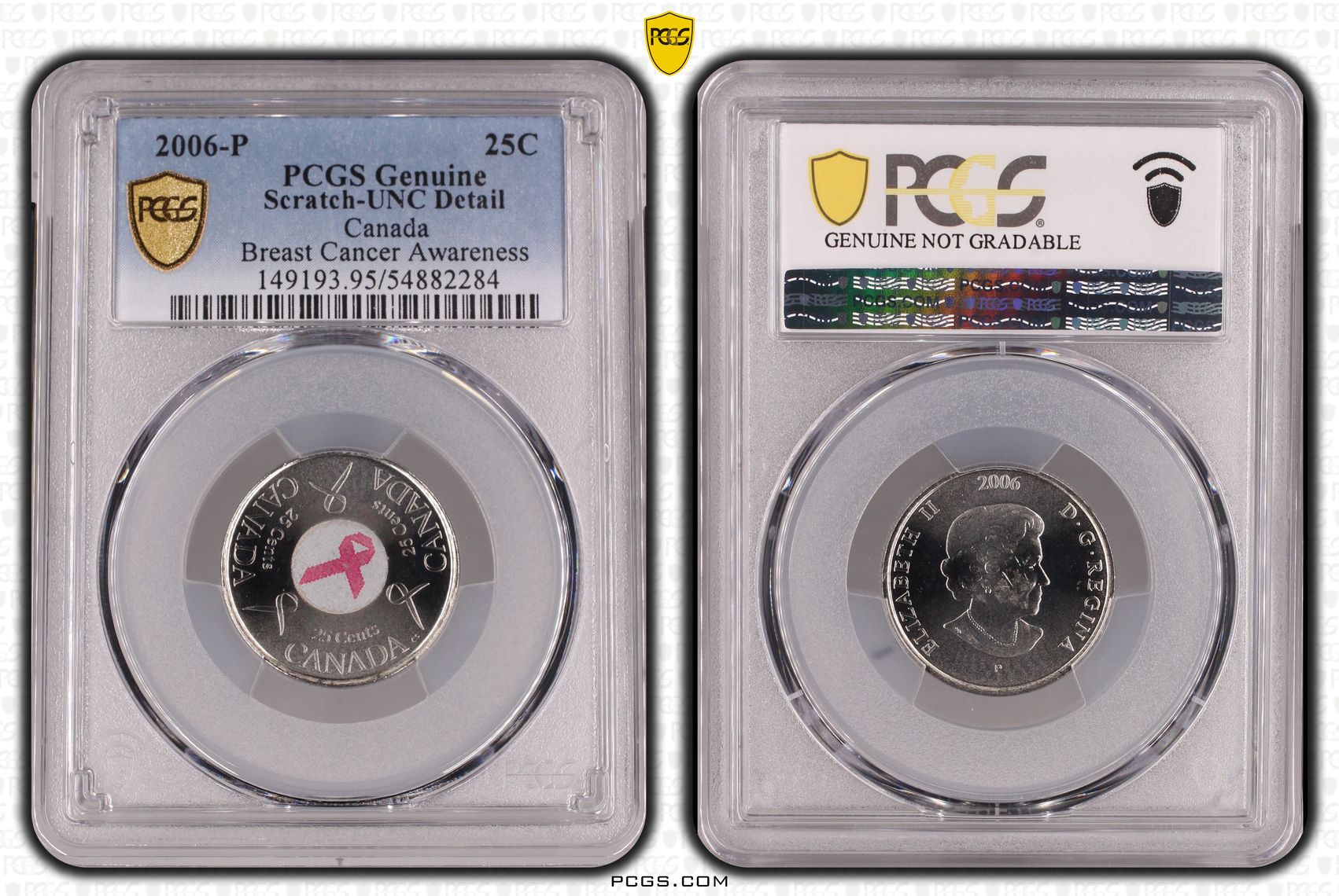 Canada, Breast Cancer Awareness Colorized, Twenty Five Cent, 2006-P, PCGS Genuine - UNC Details (95 - Scratch)