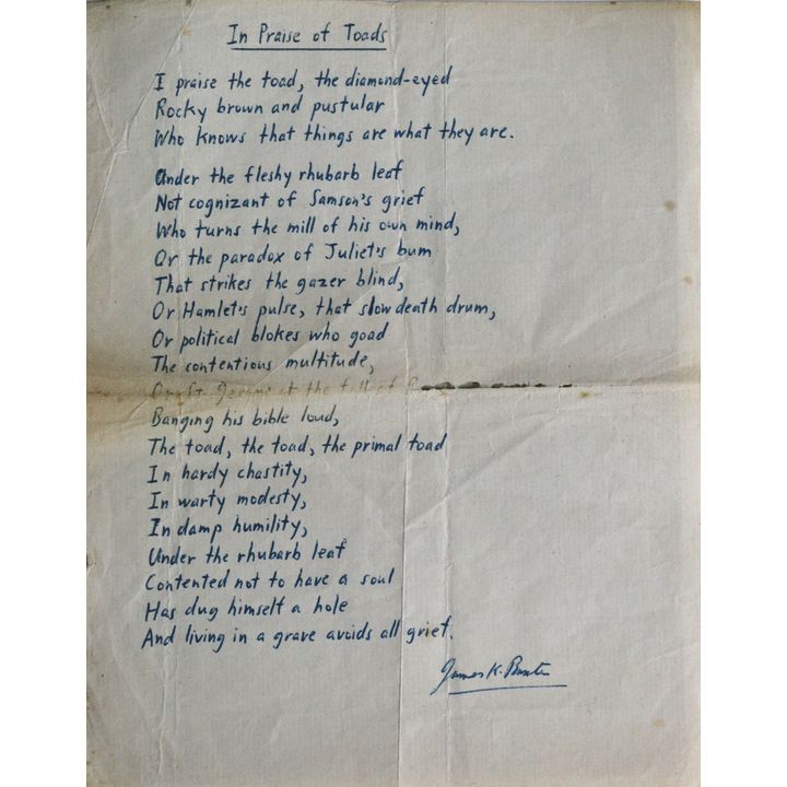 BAXTER, JAMES. [Unpublished Poem], In Praise of Toads