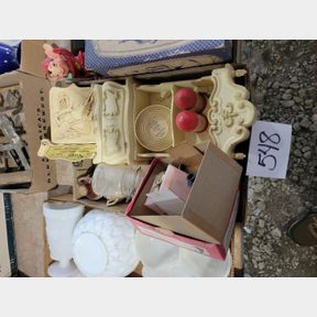 Miniature hand crank telephone, salt and pepper, doll house China cabinet and other