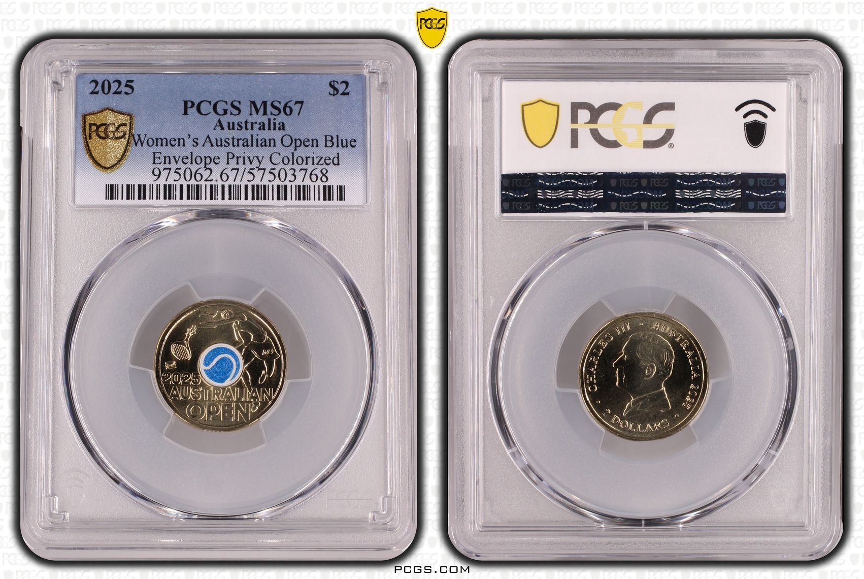 Women's Australian Open Blue Envelope Privy Colourised, Two Dollar, 2025, PCGS MS67