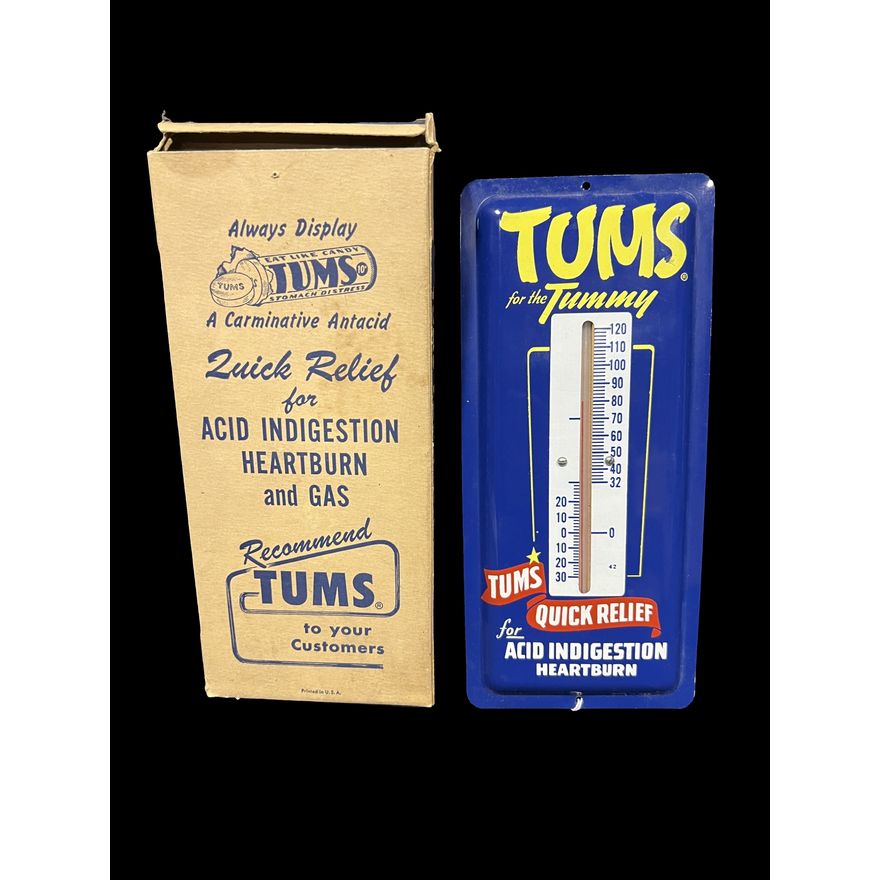 NIB NOS Tums For The Tummy Tin Metal Thermometer Sign