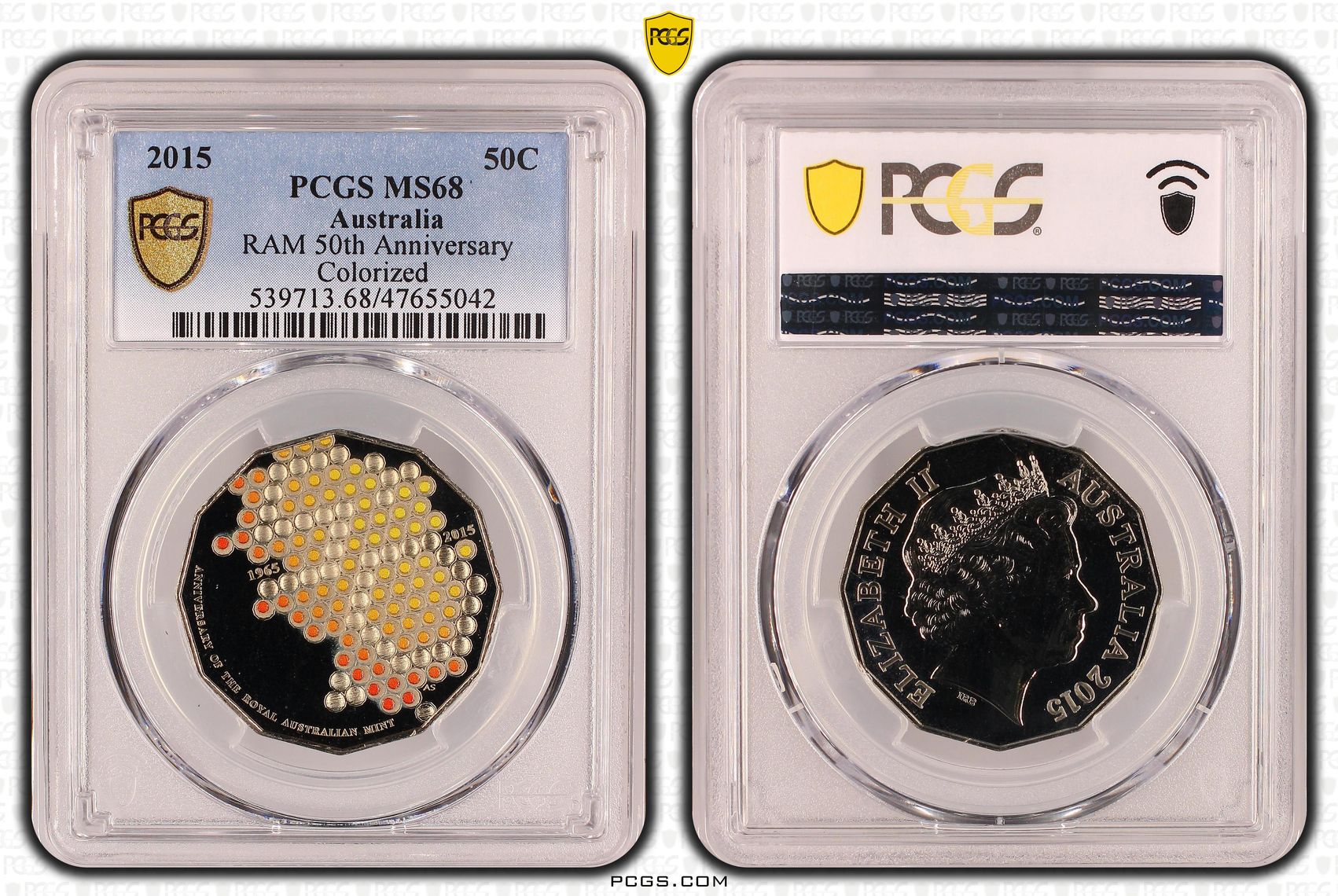 Elizabeth II, RAM 50th Anniversary Colorized, Fifty Cent, 2015, PCGS MS68