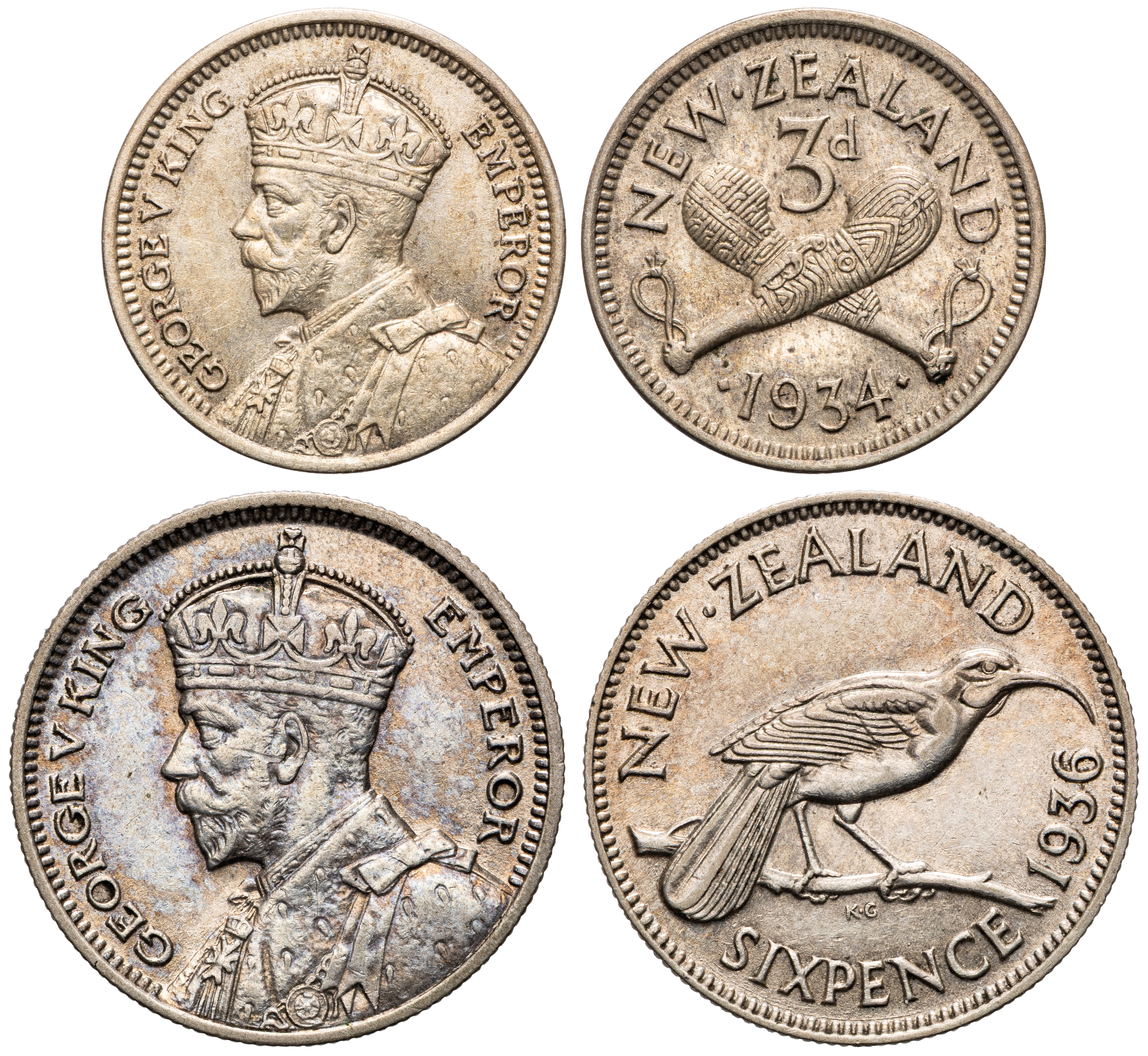 New Zealand, George V, Threepence - Sixpence, 1934 - 1936, UNC - CHU