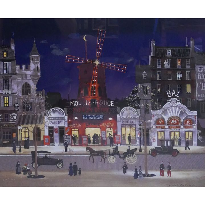 Michel Delacroix 'Moulin Rouge at Night' Lithograph. Plate signed. Framed. Image measures 19x23''