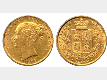 1866 VICTORIA YOUNG HEAD #DIE 39 SHIELD GOLD SOVEREIGN