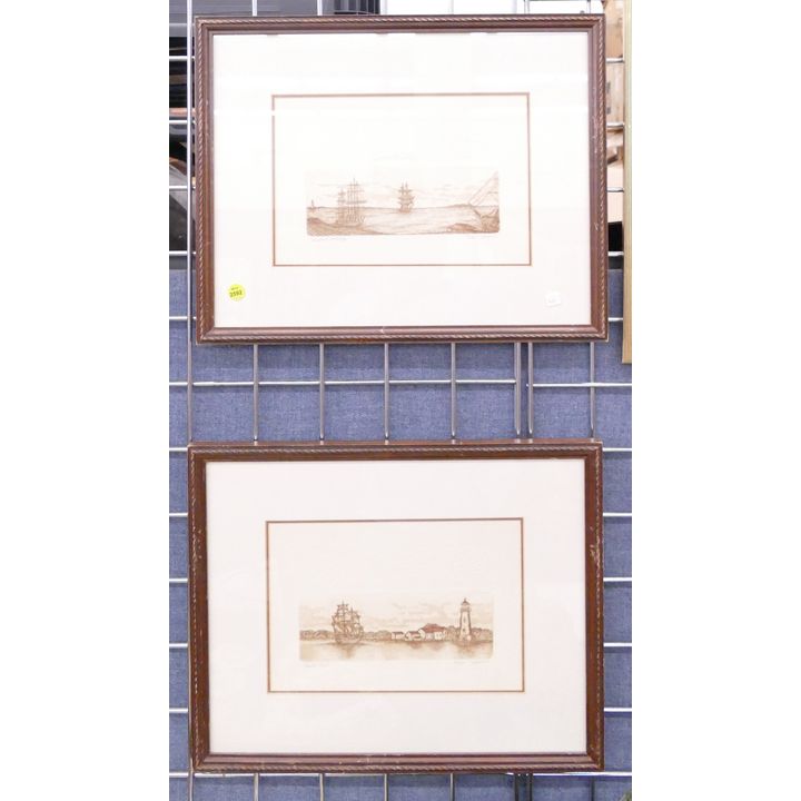 Pair Olson Maritime Framed Etchings- 14x18''