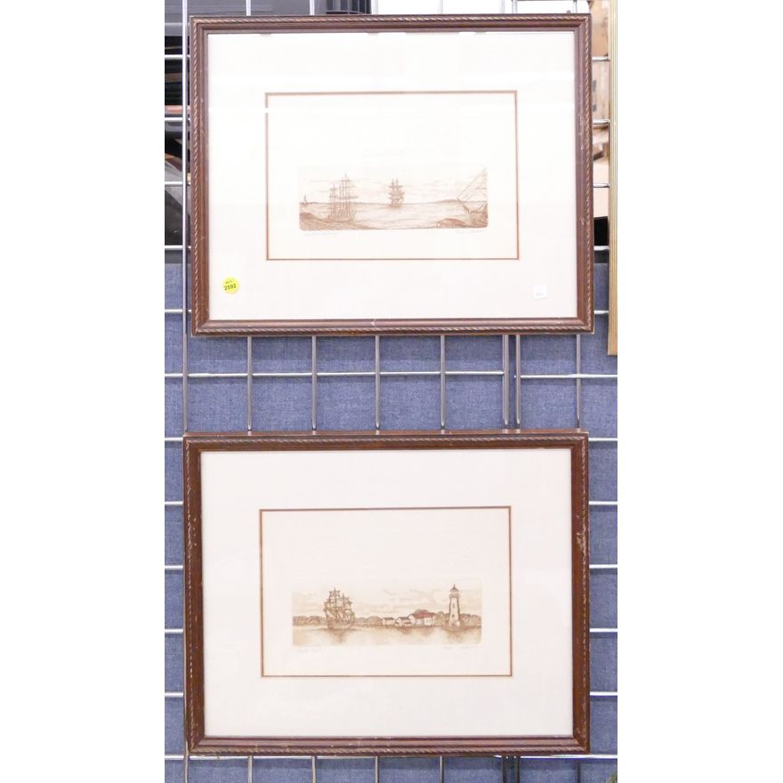 Pair Olson Maritime Framed Etchings- 14x18''
