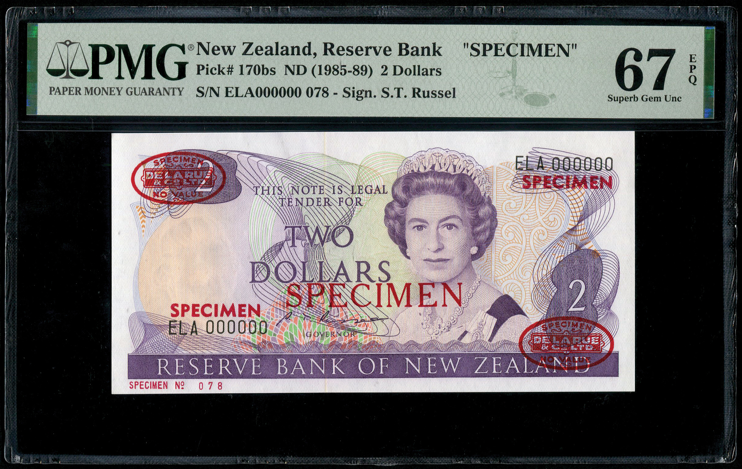 New Zealand, $2, 1985-89, Specimen, PMG 67EPQ | TRIGOMETRIC SDN. BHD.