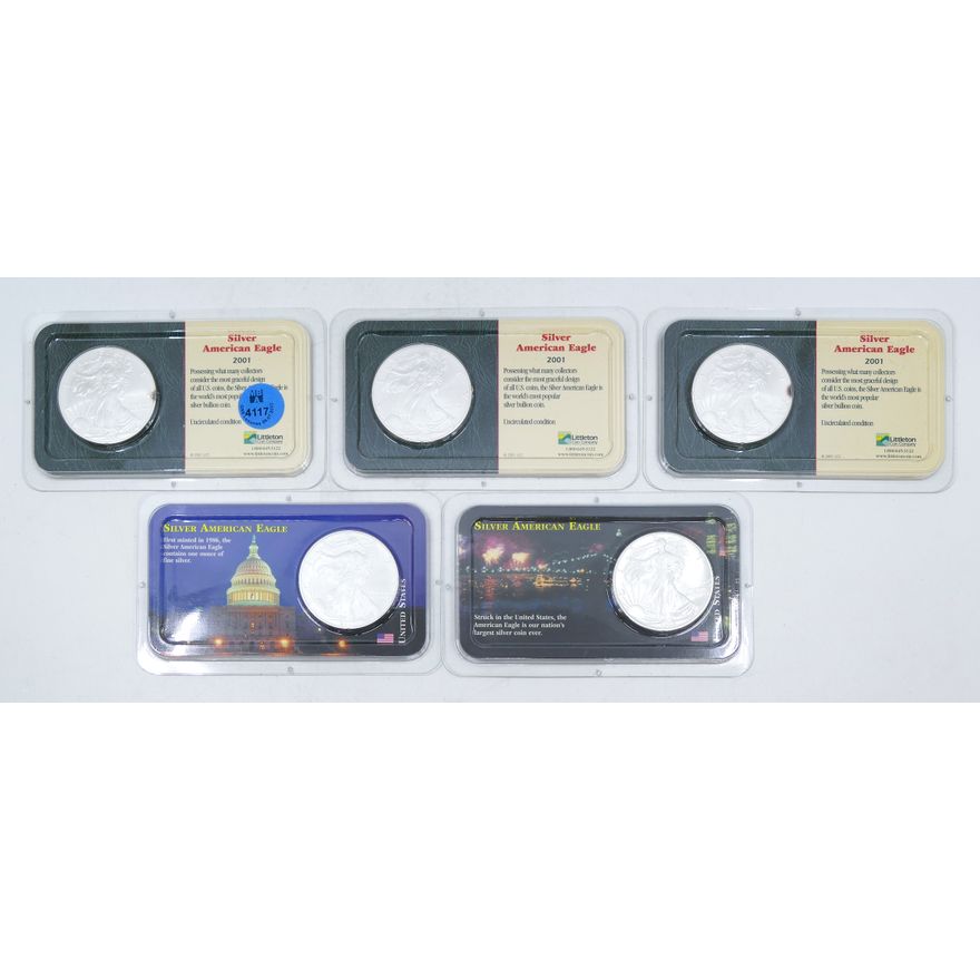 5pc US $1 Silver Eagles in Littleton Cases - 1989, 2000, 2001 (3)