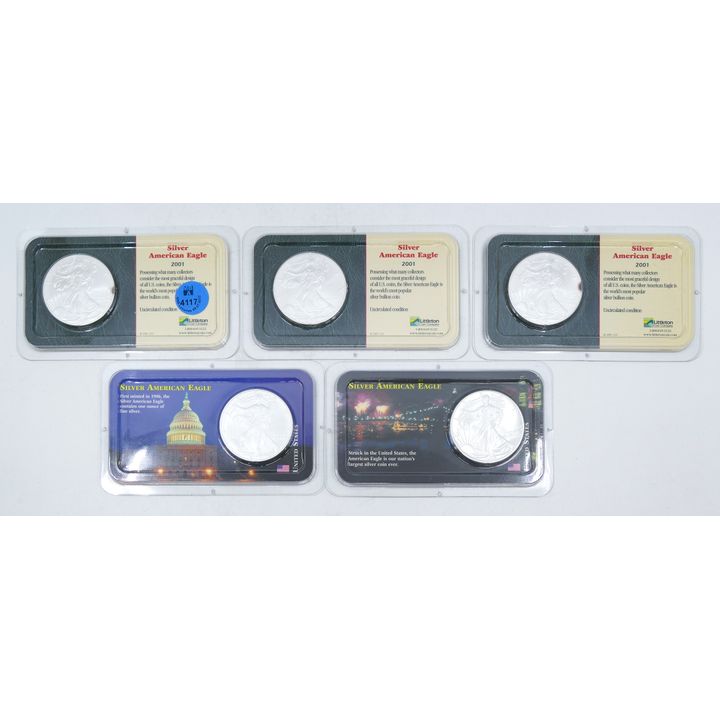 5pc US $1 Silver Eagles in Littleton Cases - 1989, 2000, 2001 (3)
