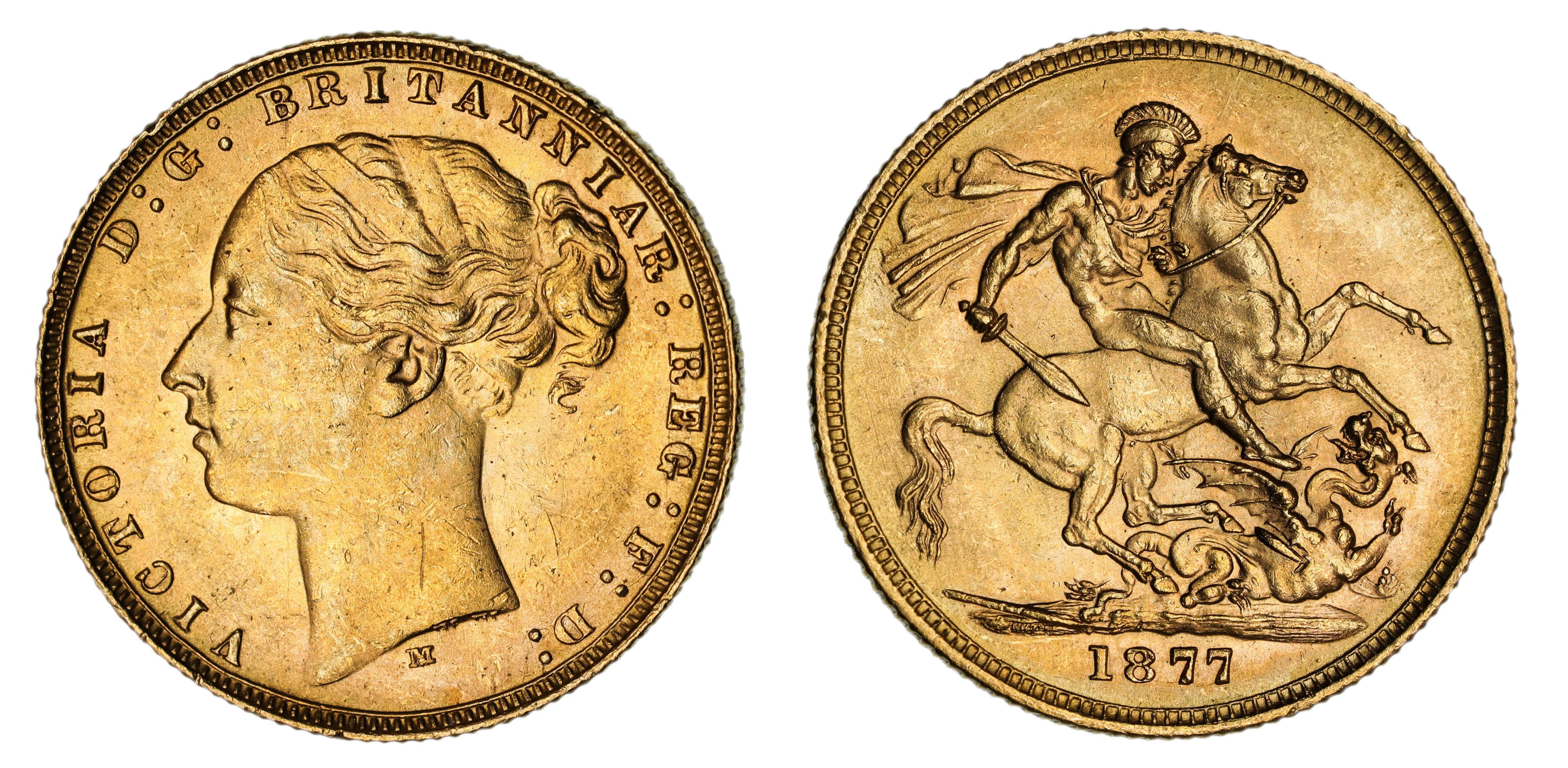 Victoria, St. George Reverse - Melbourne Mint - Young, Sovereign, 1877, aUNC