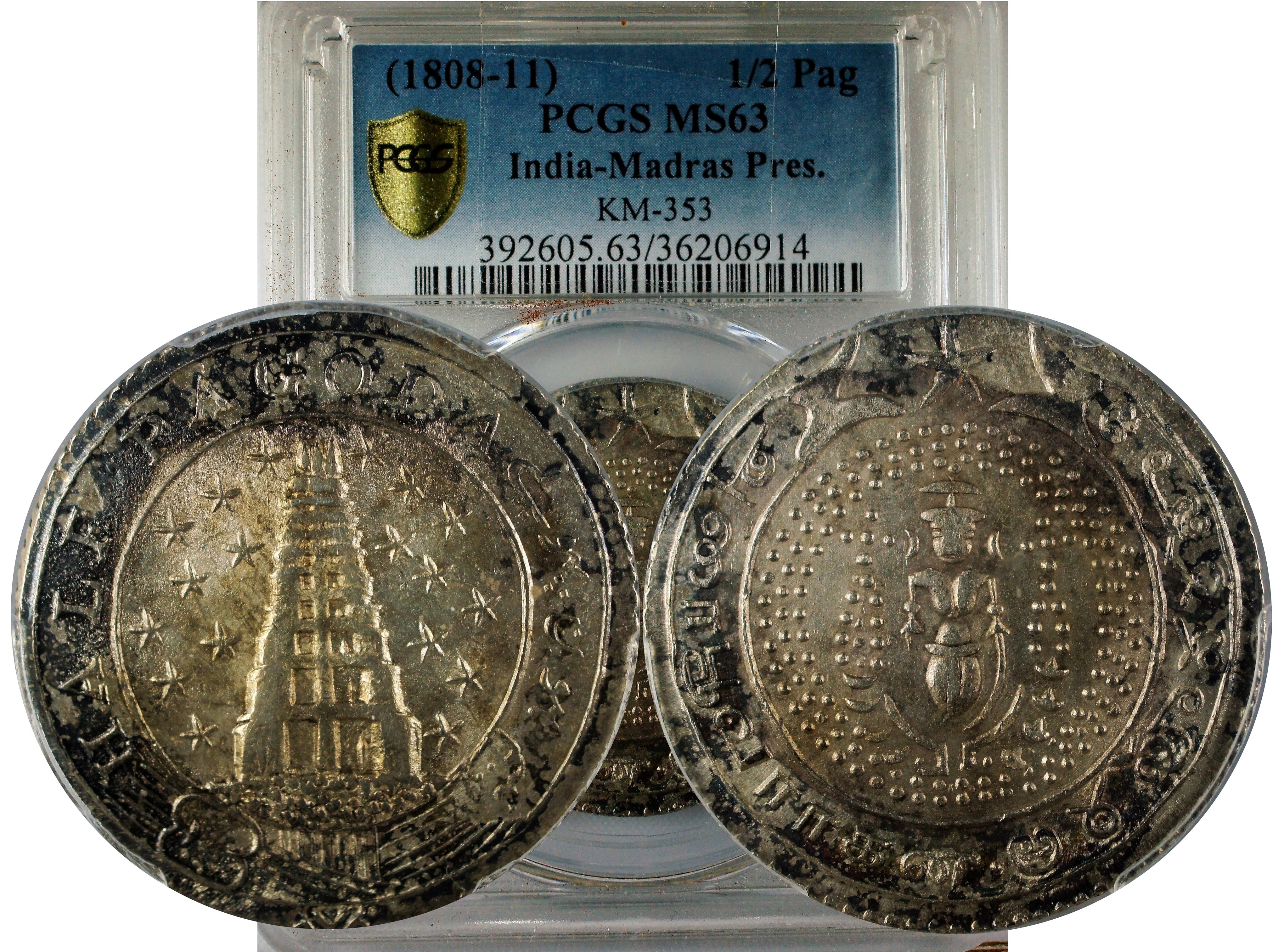 India Madras Presidency (1808-11) 1/2 Pagoda PCGS MS63