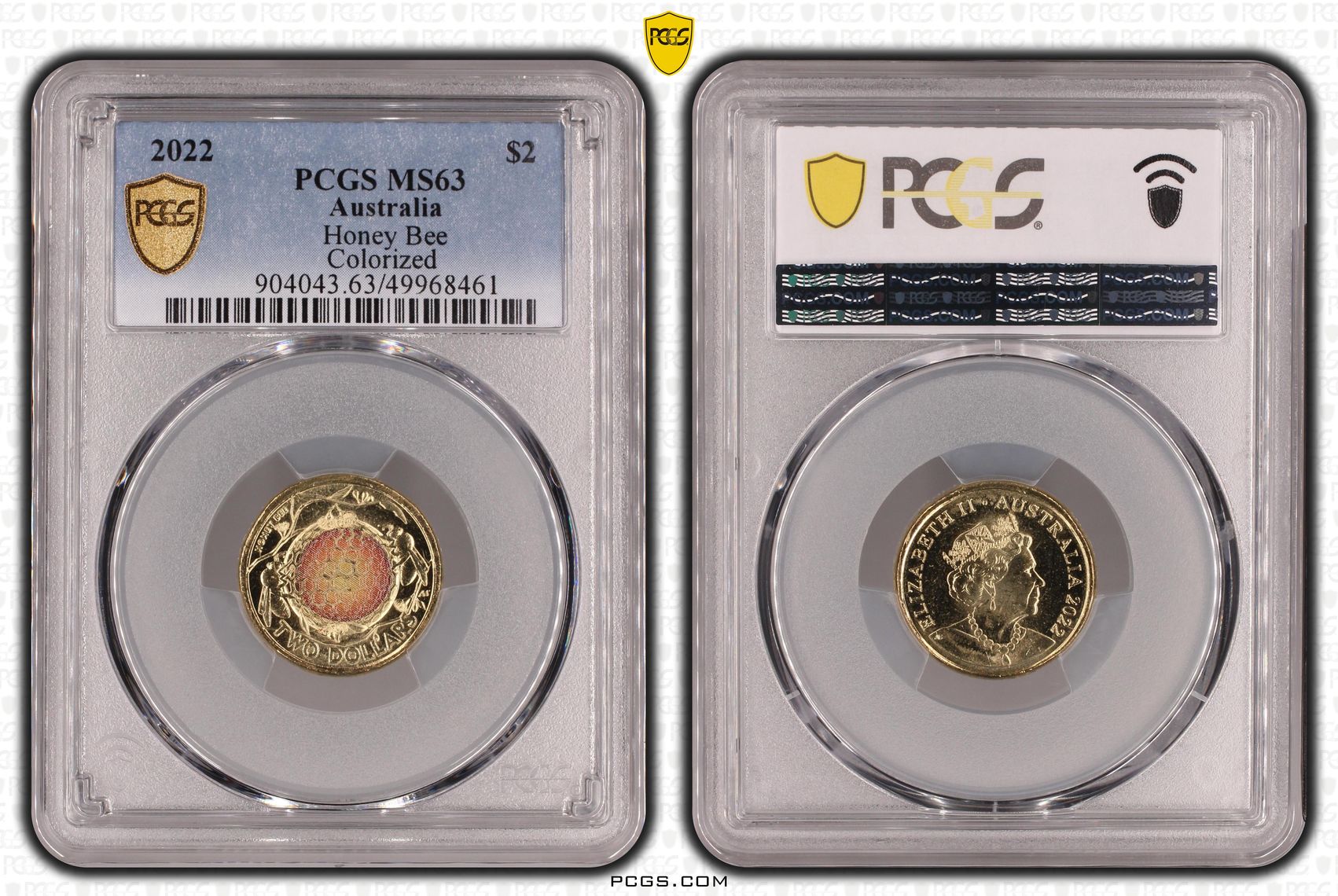 Honey Bee Colourised, Two Dollar, 2022, PCGS MS63