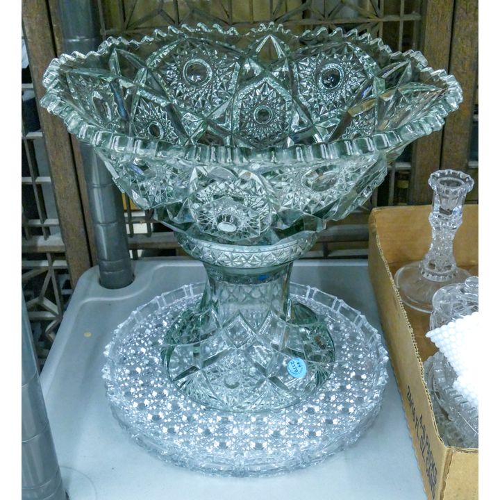 3pc Vintage Cut Glass Trays & Pedestal Bowl - Largest 13''