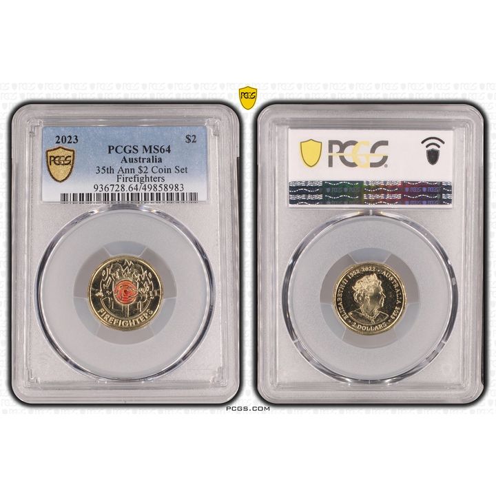 Elizabeth II, 35th Ann $2 Coin Set Colorized - Firefighters , Two Dollar, 2023, PCGS MS64