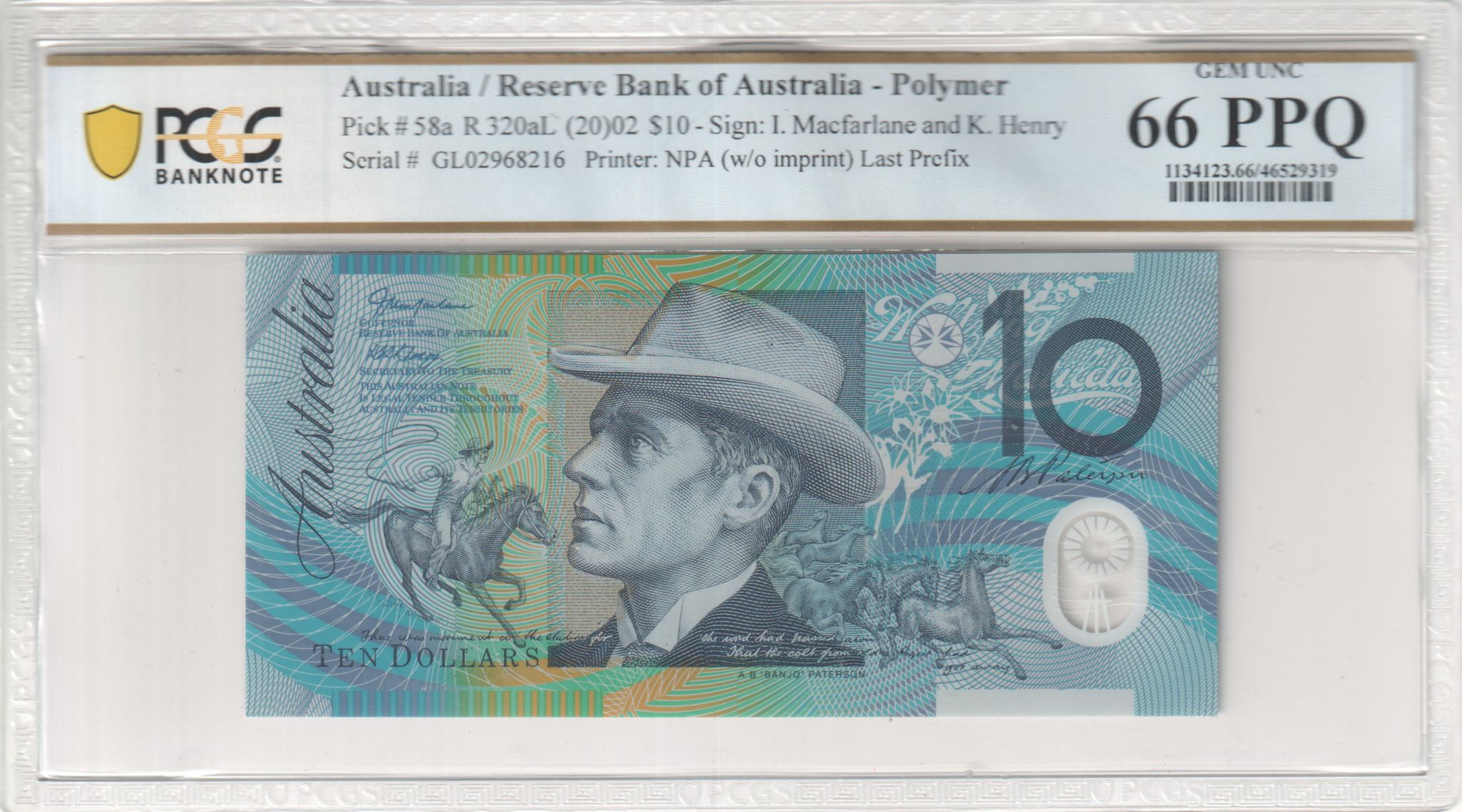 Macfarlane/Henry, Last Prefix, Ten Dollar, 2002, PCGS Gem UNC 66 PPQ