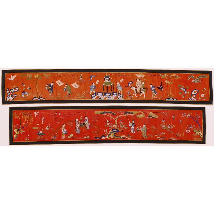 2pc Chinese Qing Silk Embroidered Red Panels
