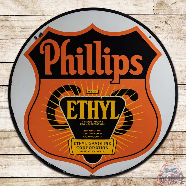 Scarce Phillips Ethyl Gasoline 30" Double Sided Porcelain Sign w/ Logo