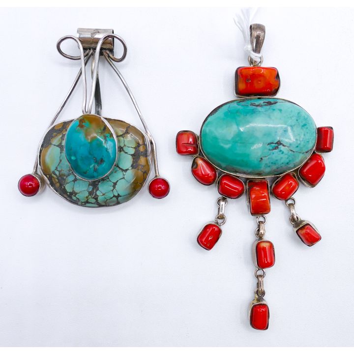 2pc Old Tibetan Sterling Turquoise & Coral Pendants 2.5'' to 4.5''