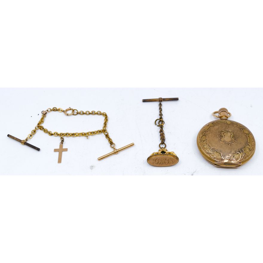 Box Antique American Waltham Pocket Watch and Chains