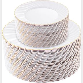 U-QE 100 PIECES GOLD PLASTIC PLATES - PREMIUM WHITE PLASTIC PLATES FOR NEW YEAR, WEDDING AND PARTY USE INCLUDING 50PCS 9 ' PLASTIC