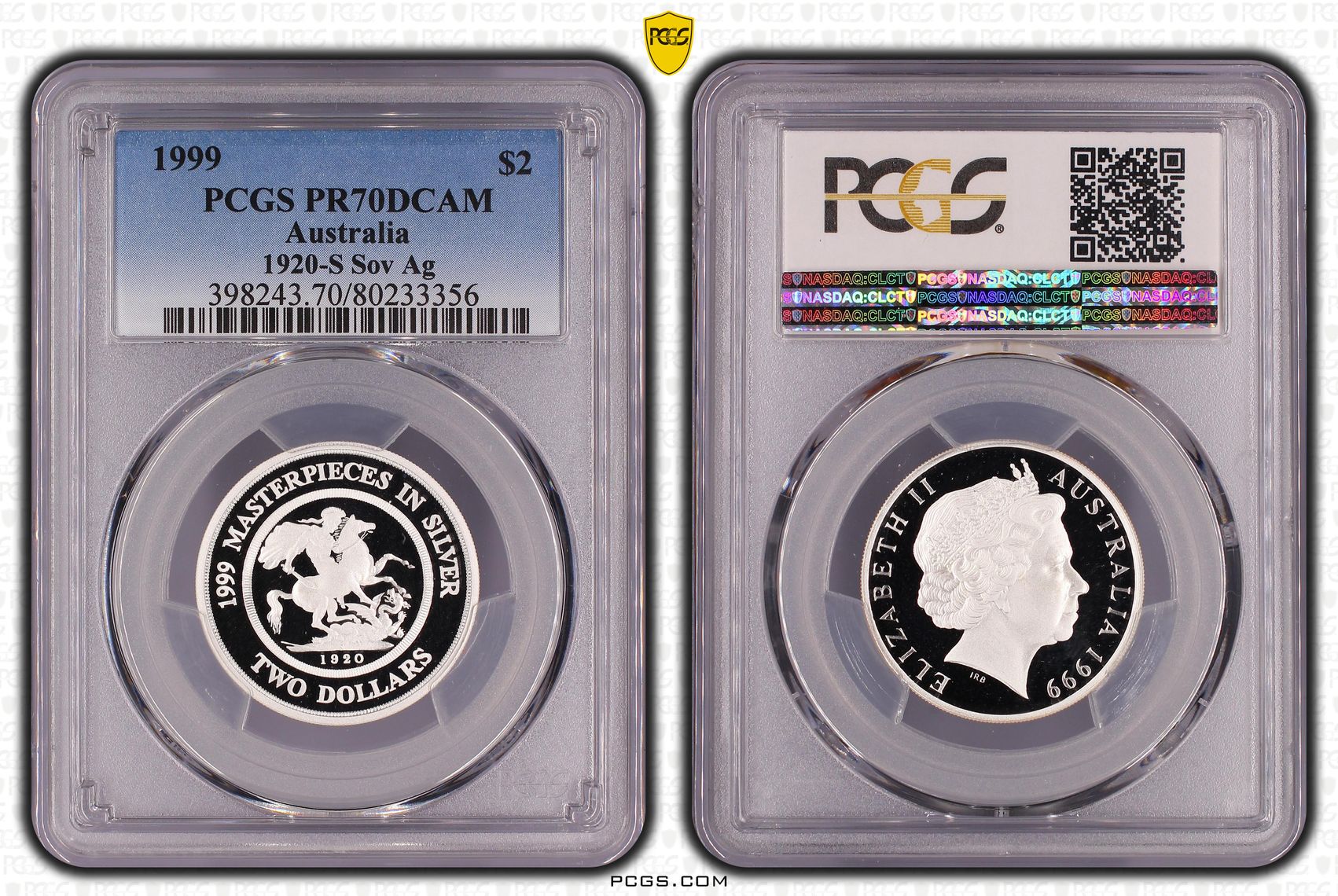 1999 Australia Two Dollar, $2 Proof 1920-S Sov Ag PCGS - PR70DCAM POP 36/0 -356