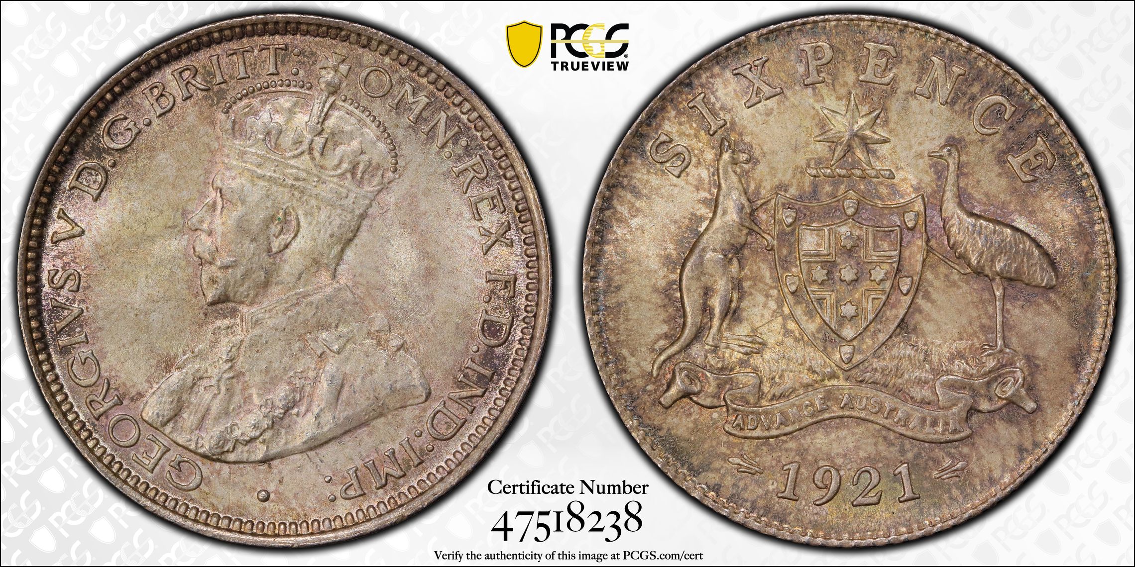 Sixpence, 1921(m,sy), PCGS MS 65