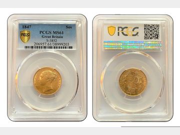 1847 VICTORIA SHIELD SOVEREIGN PCGS MS61