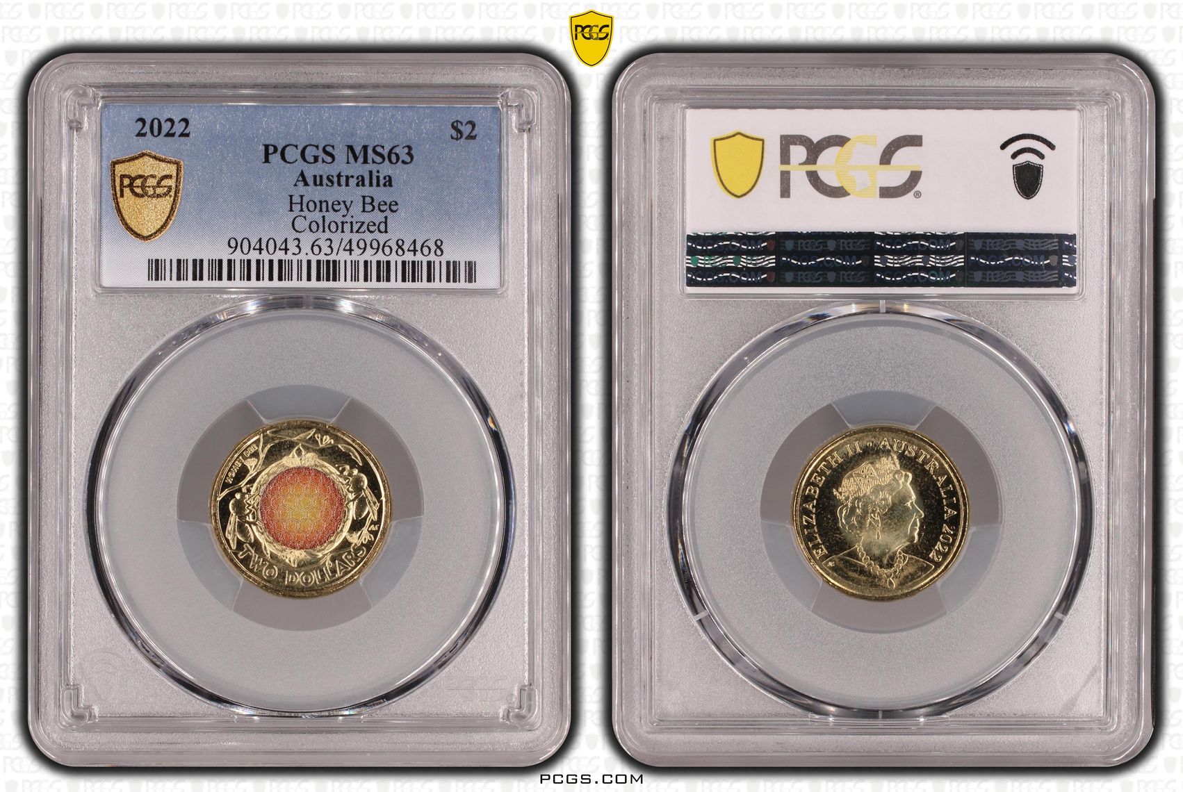 Honey Bee Colourised, Two Dollar, 2022, PCGS MS63