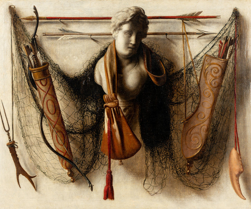 Attributed to Christoffel Pierson
(Dutch, 1631–1714)
Trompe l'oeil Still Life of Arrows, a Bow, Quivers, a Leather Pouch, Netting, a Marble Bust and Other Objects Affixed to a Wall
