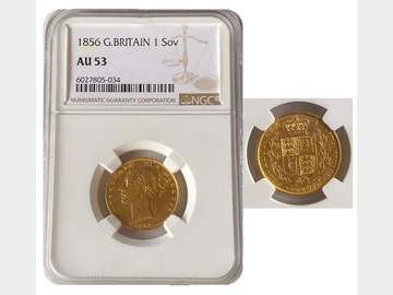 1856 VICTORIA SHIELD SOVEREIGN AU53 NGC