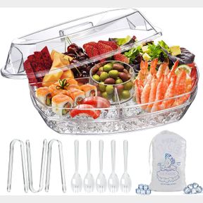 LIMOEASY CHILLED SERVING TRAY, 15" CLEAR PLASTIC PARTY PLATTER WITH 4 COMPARTMENTS, ICE SERVING BOWL WITH LID, SHRIMP COCKTAIL SER