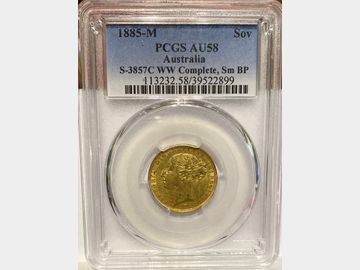 1885 VICTORIA W.W. COMPLETE SMALL TAIL GOLD SOVEREIGN AU58
