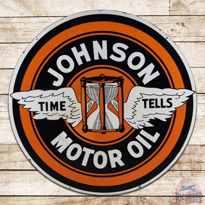 Johnson "Time Tells" Ethyl Gasolene 48" Double Sided Porcelain Sign w/ Logo