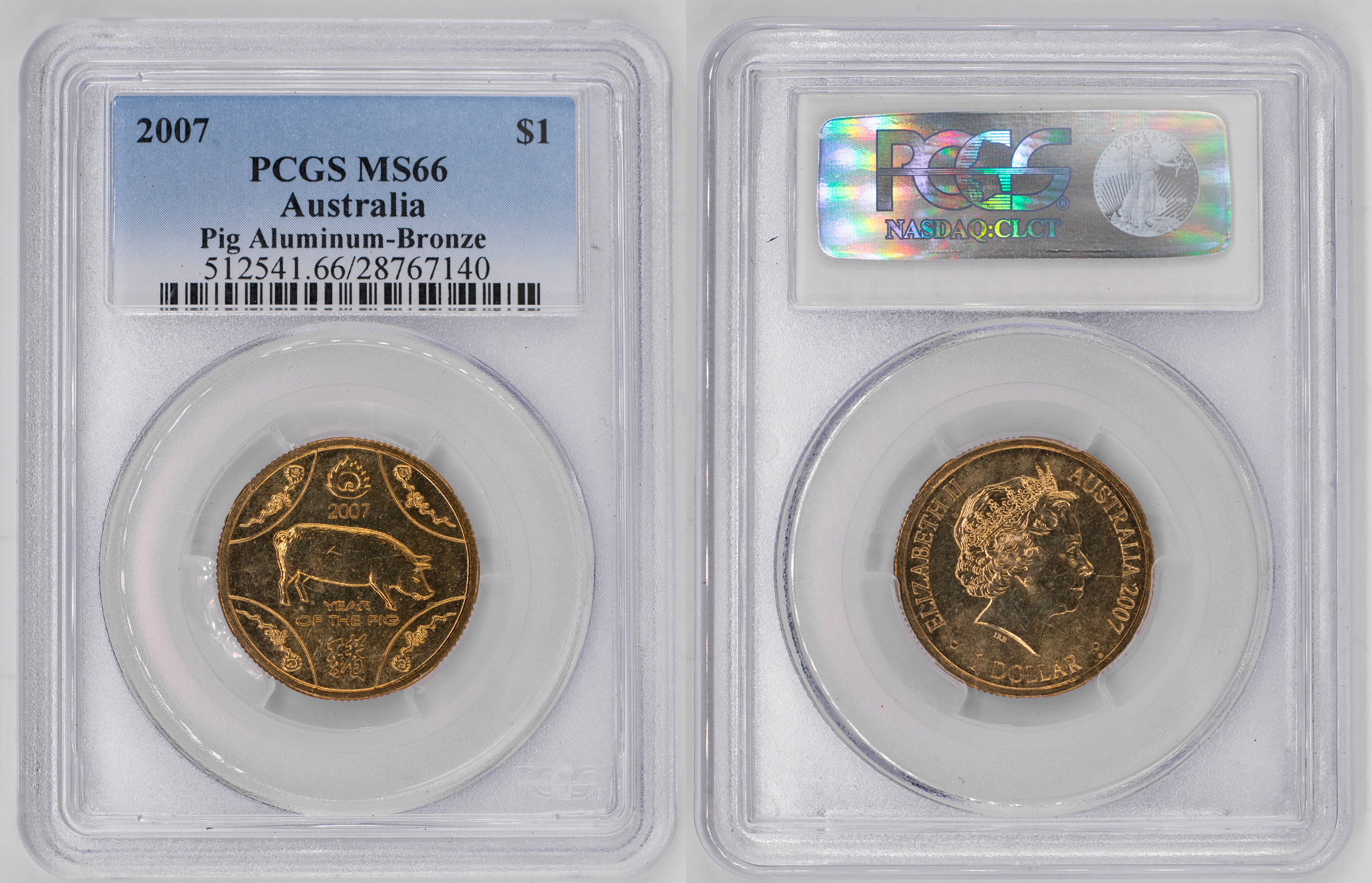 Elizabeth II, Yea of the Pig - Aluminum-Bronze, One Dollar, 2007, PCGS MS66
