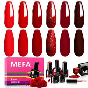 MEFA RED GEL NAIL POLISH SET, 6 COLORS RED GEL POLISH KIT POPULAR BURGUNDY GLITTER NAIL POLISH SOAK OFF ROSE DARK RED SHIMMER DIY